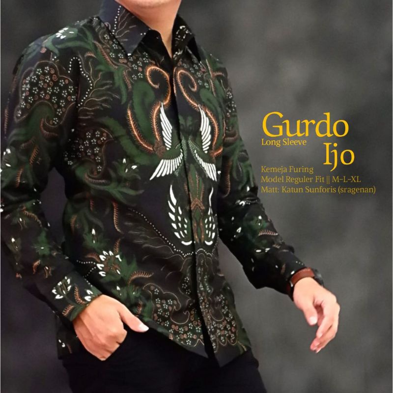 GURDO IJO Kemeja Batik Pria Modern Lengan Panjang Solo Full Furing Katun Halus - Baju Batik Pria Cowok Kondangan Pesta Seragam Sragam Kerja Kantor