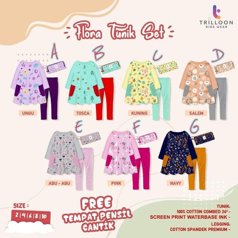 Readystok  Setelan legging anak Flora Tunik Set by Trilloon kids wear