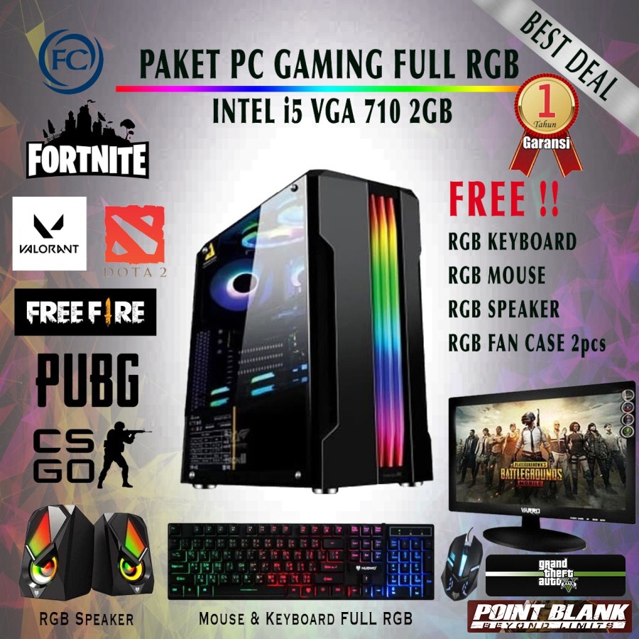 PC GAMING FULL SET RGB + MONITOR SIAP PAKAI (VALORANT PUBG FORTNITE)