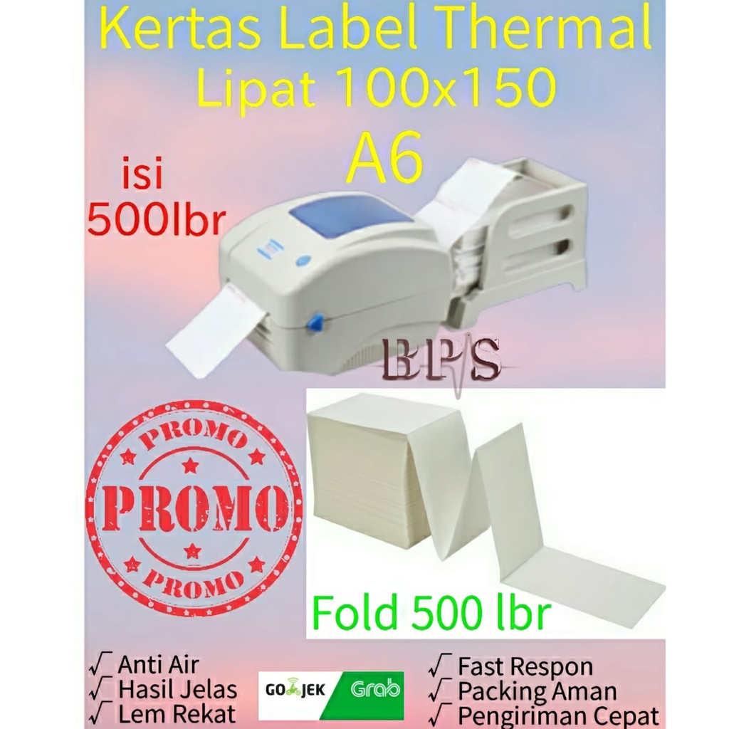 Kertas Thermal Label Sticker Barcode model LIPAT 500pcs Ukuran A6 100x150/Stiker Termal 100 x 150 500lbr Tanpa Ribbon