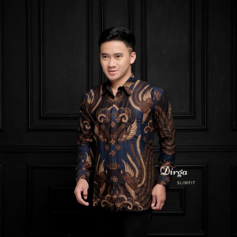 Batik Pria Lengan Panjang BATIK AZMIL HRB026 motif KERATONAN Kode 002 size M L XL XXL Reguler-KMJ iron Navy
