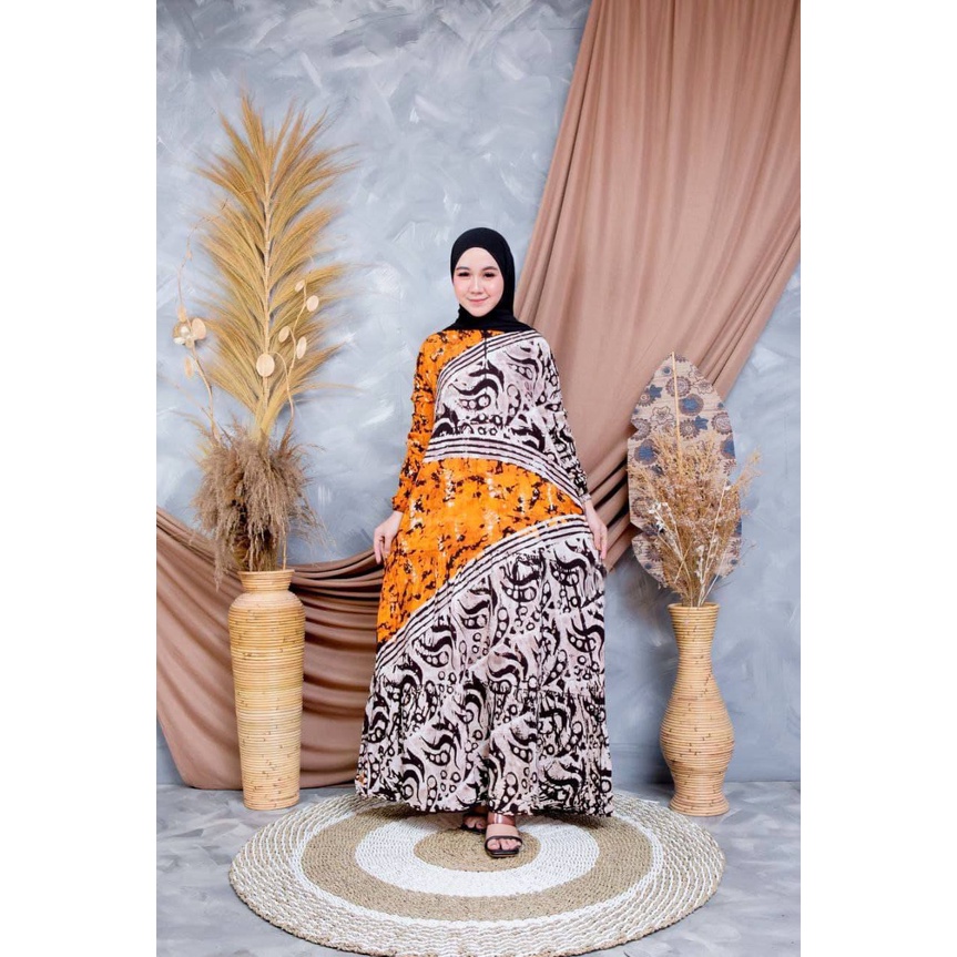 Gamis Twill Rayon Malaman Terbaru Kekinian Busui | Gamis Tiedye NEW-CUMI ORANGE