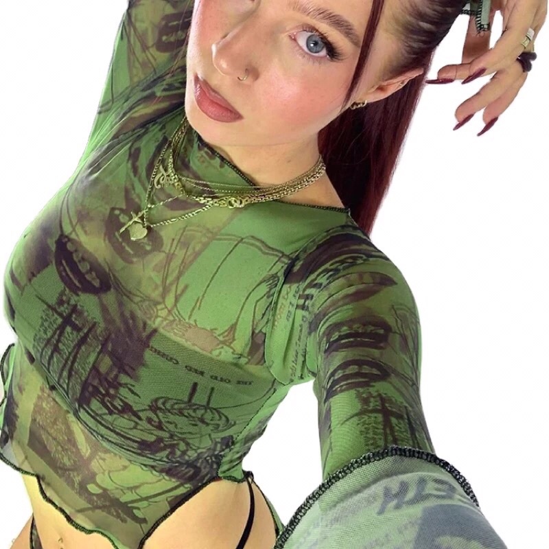 CROP TOP LENGAN PANJANG VINTAGE TRANSPARAN SHEER