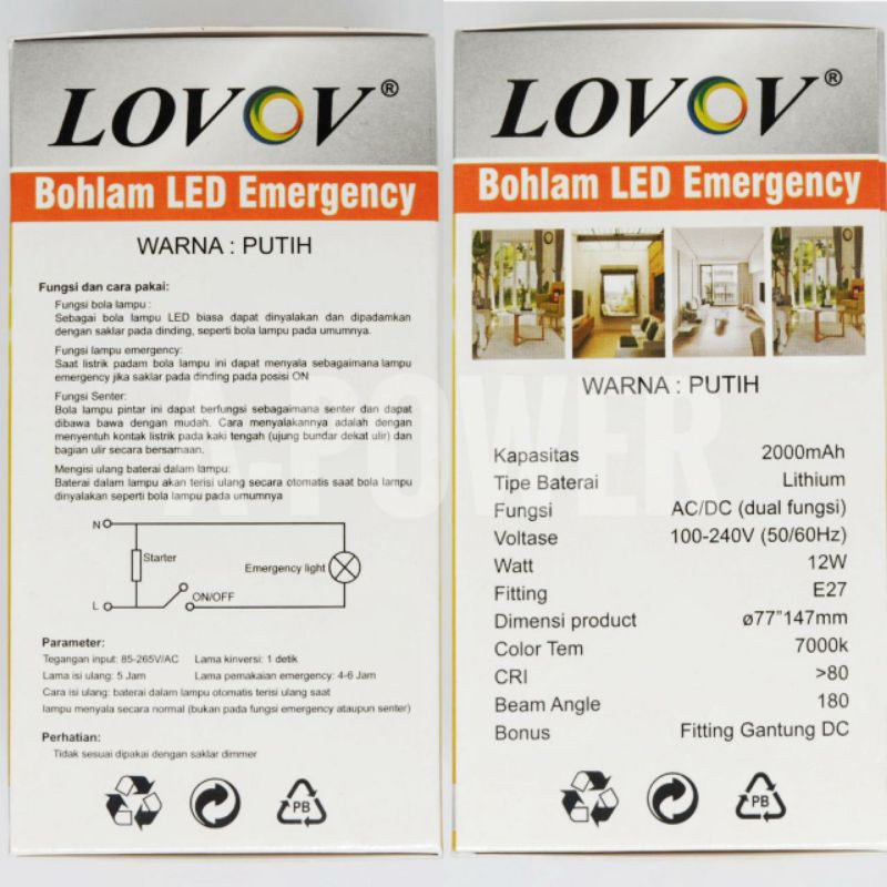 Lovov - Lampu LED Emergency Magic AC / DC 12W (Putih)