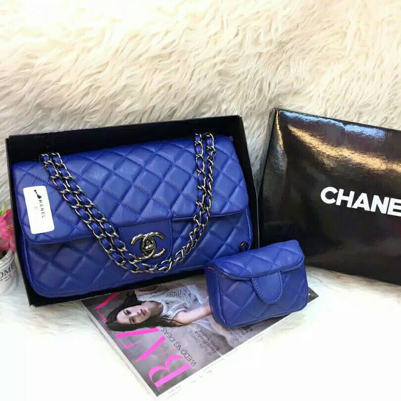 Terbatas Tas Wanita Branded Chanel Maxi Anak Set Pouch Black Nickel Warna Biru