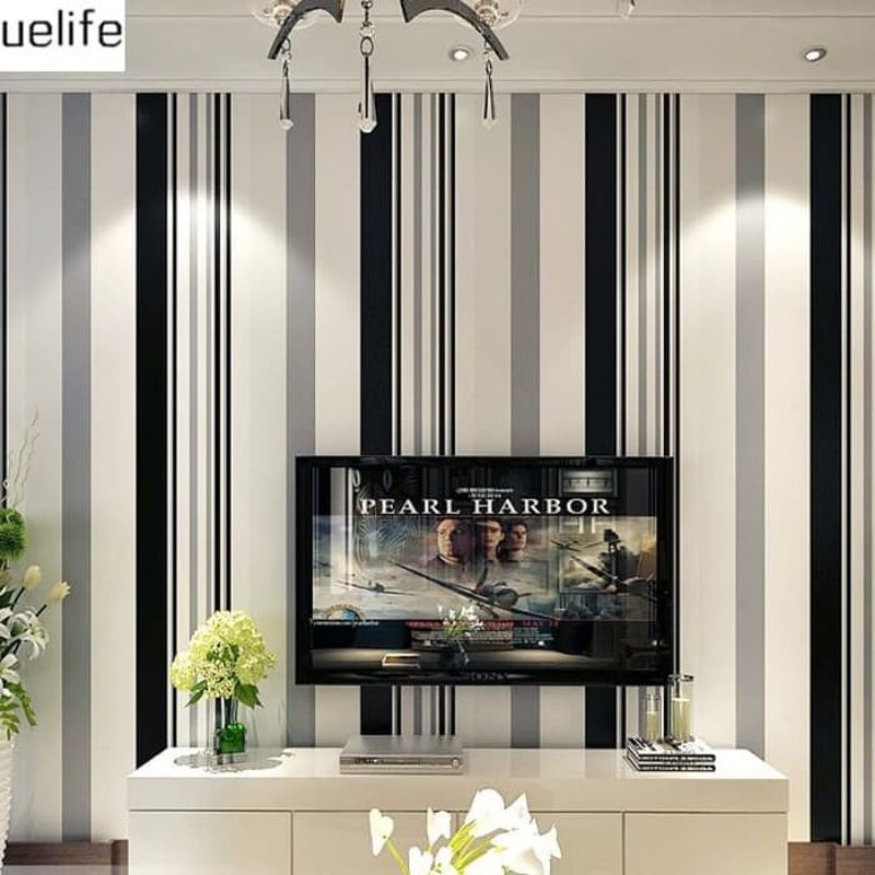 WALLPAPER DINDING MOTIF SALUR HITAM PUTIH 10m x 45cm