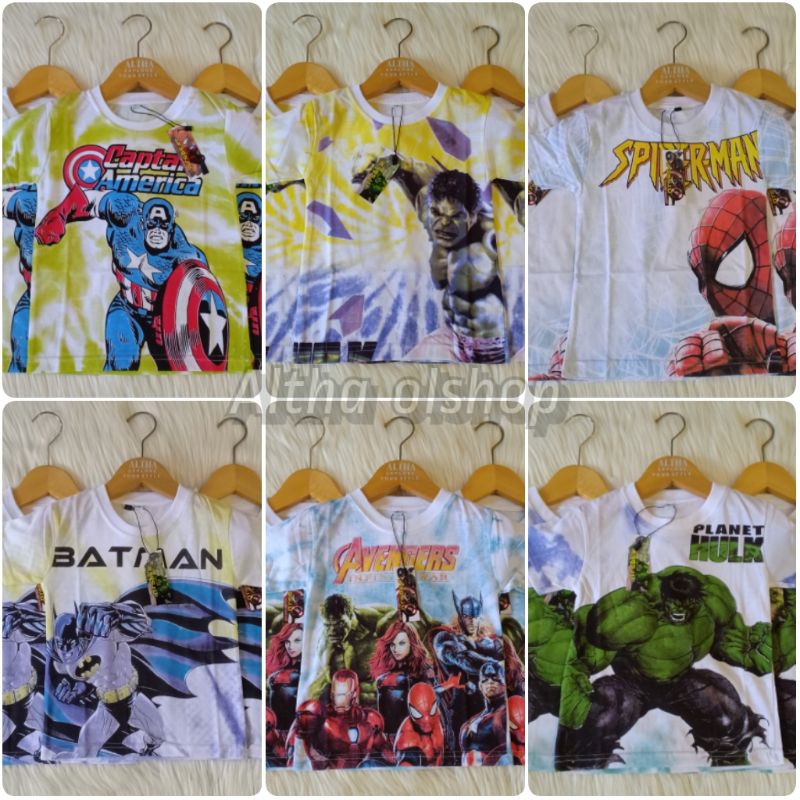 KAOS DISTRO ANAK TIEDYE FULL PRINT MARVEL SUPERHERO KARAKTER AVENGERS
