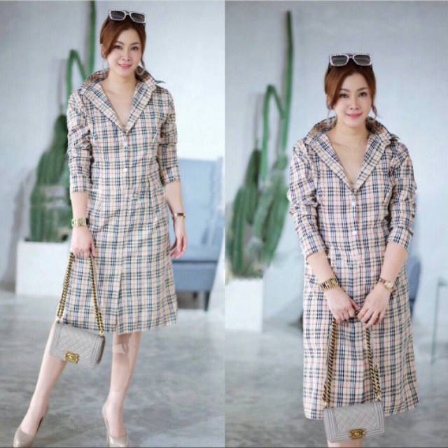 Tunik Kemeja panjang motif kotak cream ( K1085 )