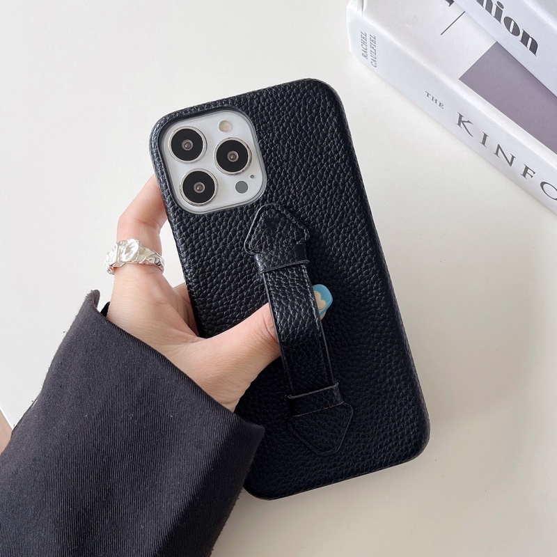 Case Bahan Kulit Tekstur Litchi Dengan Wristband Untuk iPhone 11 12 13 Pro Max