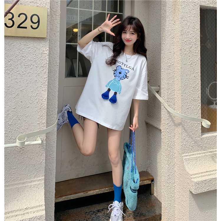 #Sisjuly# 2022Musim Semi Wanita Desain Rasa Tiga Dimensi Kartun Tiger Dicetak Lengan PendekTWanita Longgar Pel