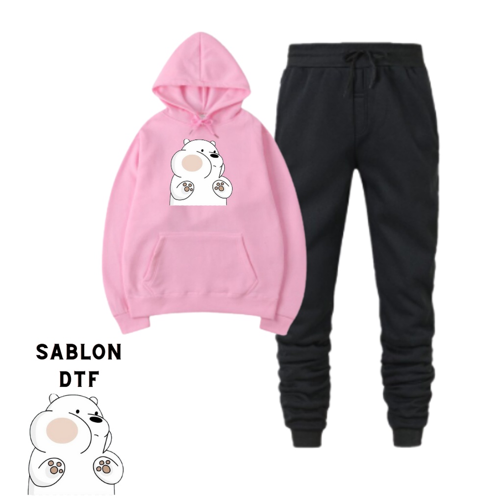 JBF Baju 1 Set Setelan Wanita Remeja Sweater Hoodie Cute Bears Dan Celana Jogger Bahan Babyterry