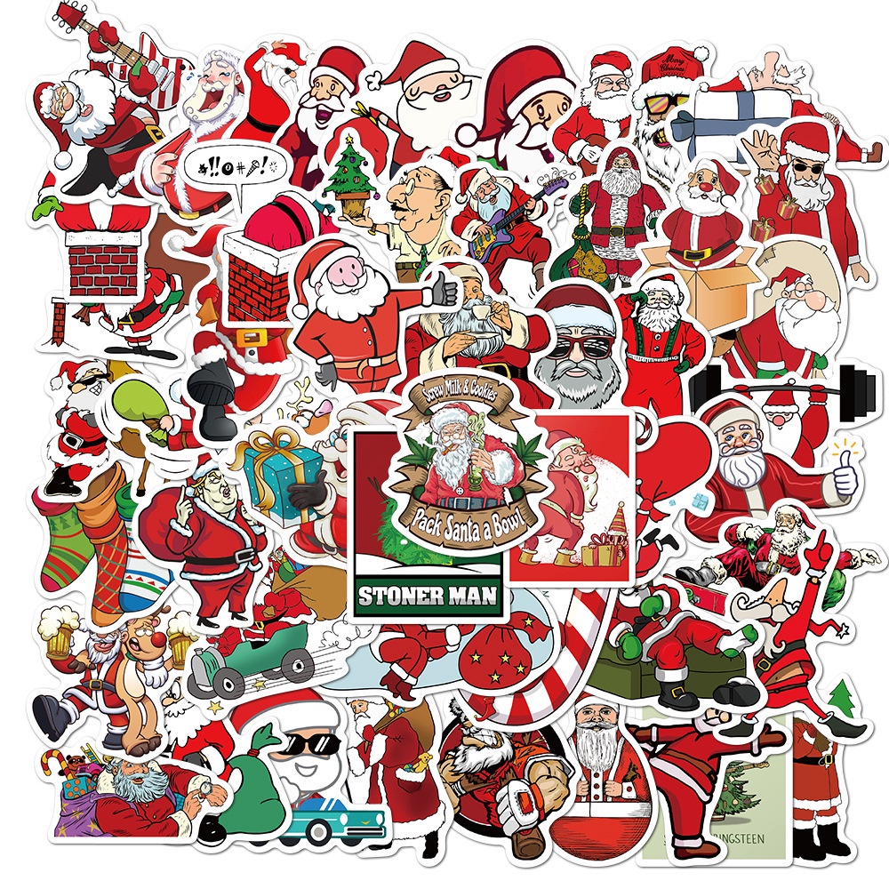 50 Pcs Christmas Theme Santa Claus Pattern Pvc Waterproof Removable Graffiti Stickers for Laptop Fridge Luggage Decor