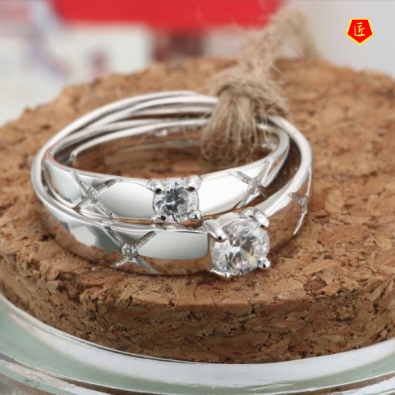 [Ready Stock]Korean Style Simple Diamond Couple Silver Ring