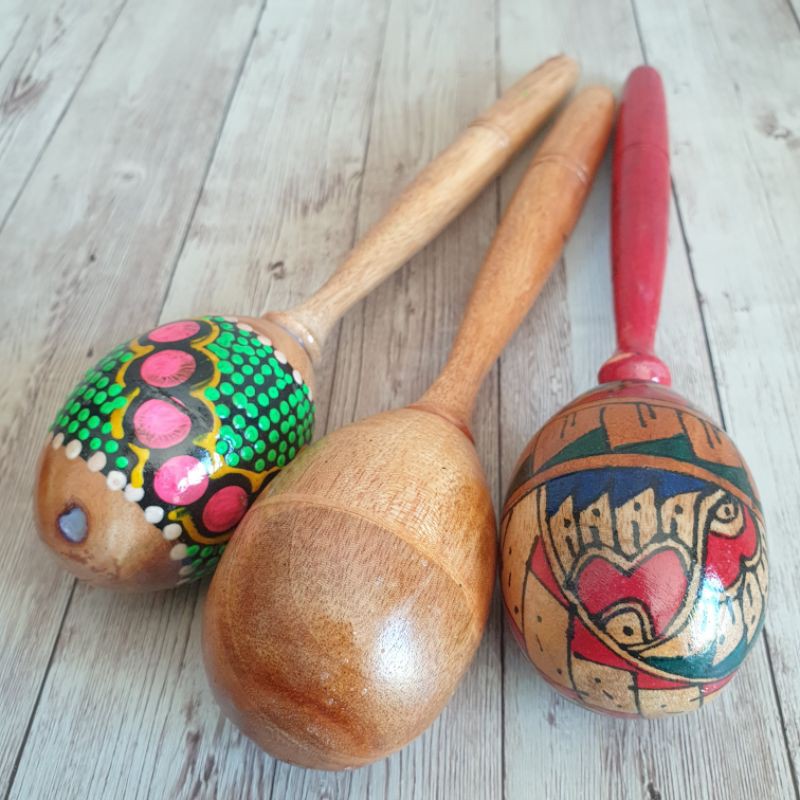 Alat Musik Marakas Telur Kecil Gagang Stik Egg Shaker Bahan Kayu Polos Motif