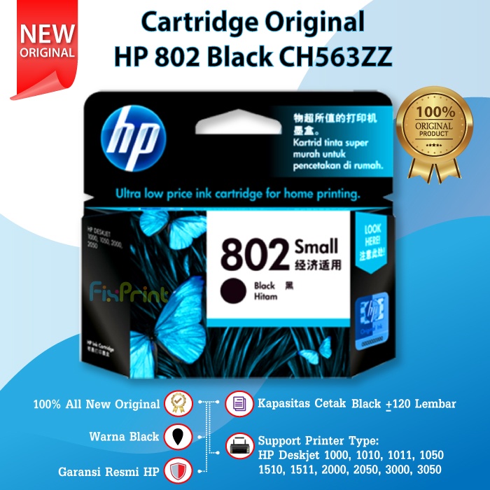 Catridge Tinta HP 802 Black Original Ink Cartridge CH561ZZ Katrid Tinta Printer Hitam J410a J510a