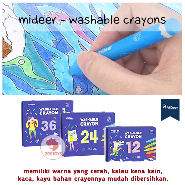 Zoetoys Mideer - Washable Crayons 12 ct. 24 36 warna colors | Peralatan Mewarnai | Nontoxic Crayons | Cari Kado | Cari Kado Natal