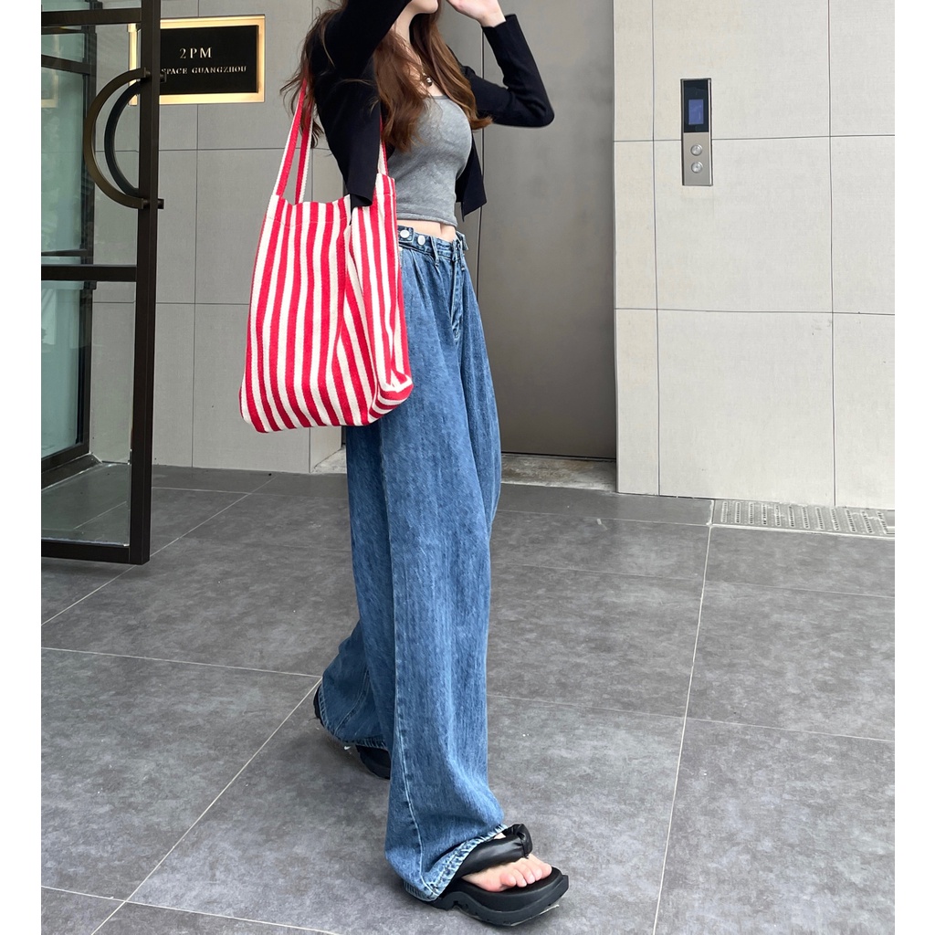 celana jeans wanita terbaru/celana panjang kaki lebar lurus longgar pants Kekinian Celana High Waist