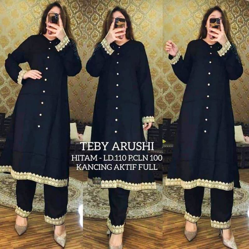 Teby Arushi - One Set Tunik Renda Arab Rayon Viscose Lengan Panjang Setelan Wanita Kekinian Import