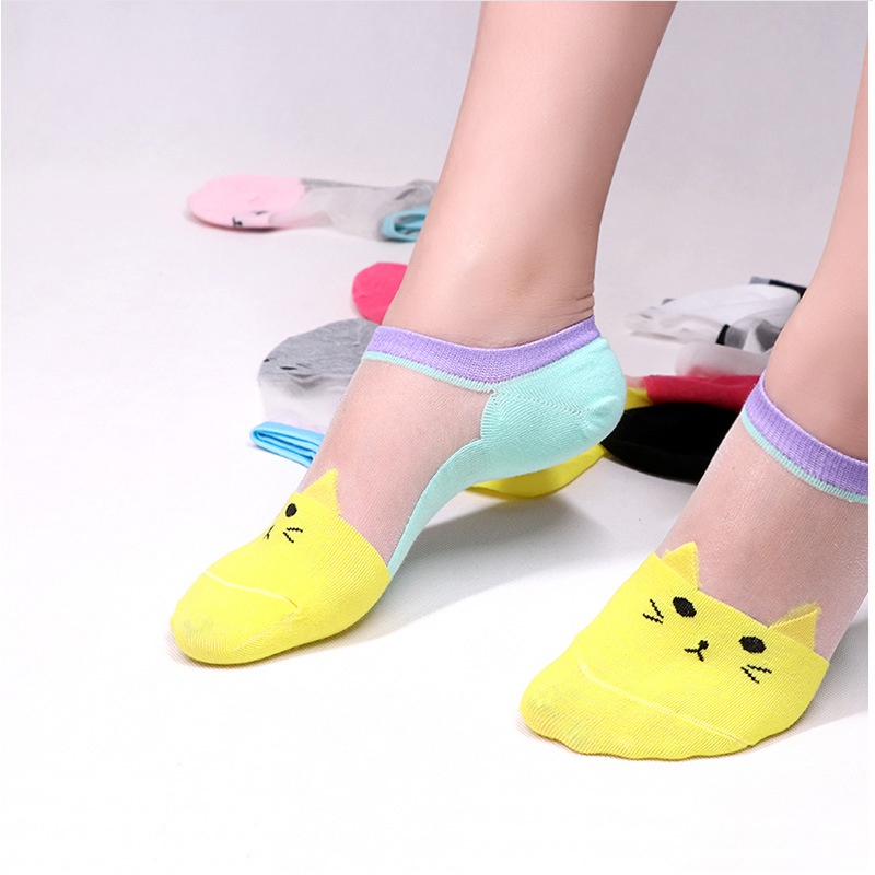 (COD) Wanita Kaus kaki kristal transparan modis kaos kaki pola kucing Lucu Socks 09S