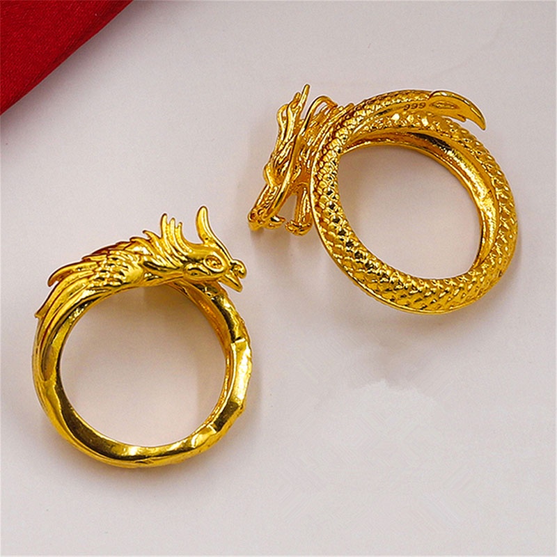 Fashion Golden Phoenix Dragon Cincin Pasangan Pria Wanita Perhiasan Baja Titanium Pernikahan Terbuka Cincin Ukuran Dapat Disesuaikan