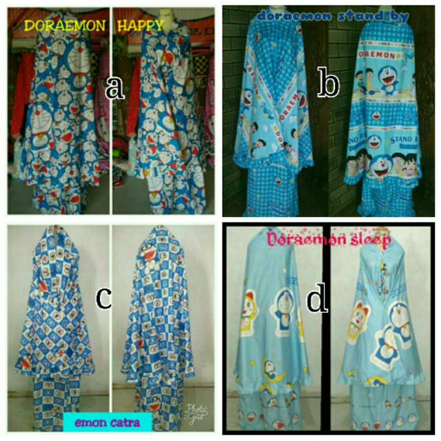 Jual mukena dewasa/mukena karakter bahan katun panca motif doraemon happy,doraemon stand by