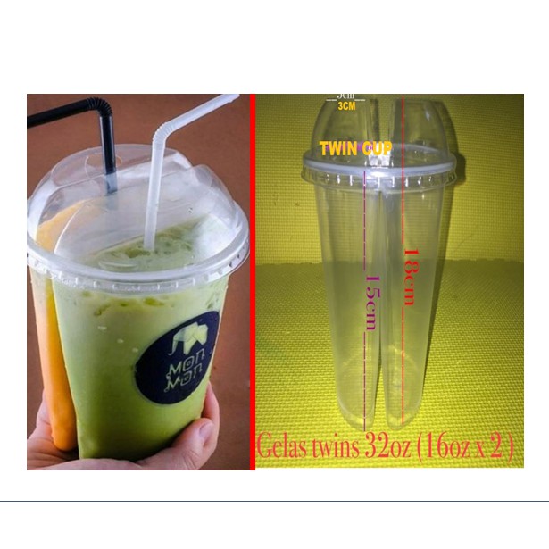 GELAS PLASTIK KEMBAR PREMIUM / TWIN CUP UNIK 2 RASA 32 OZ + TUTUP ISI 10 PCS
