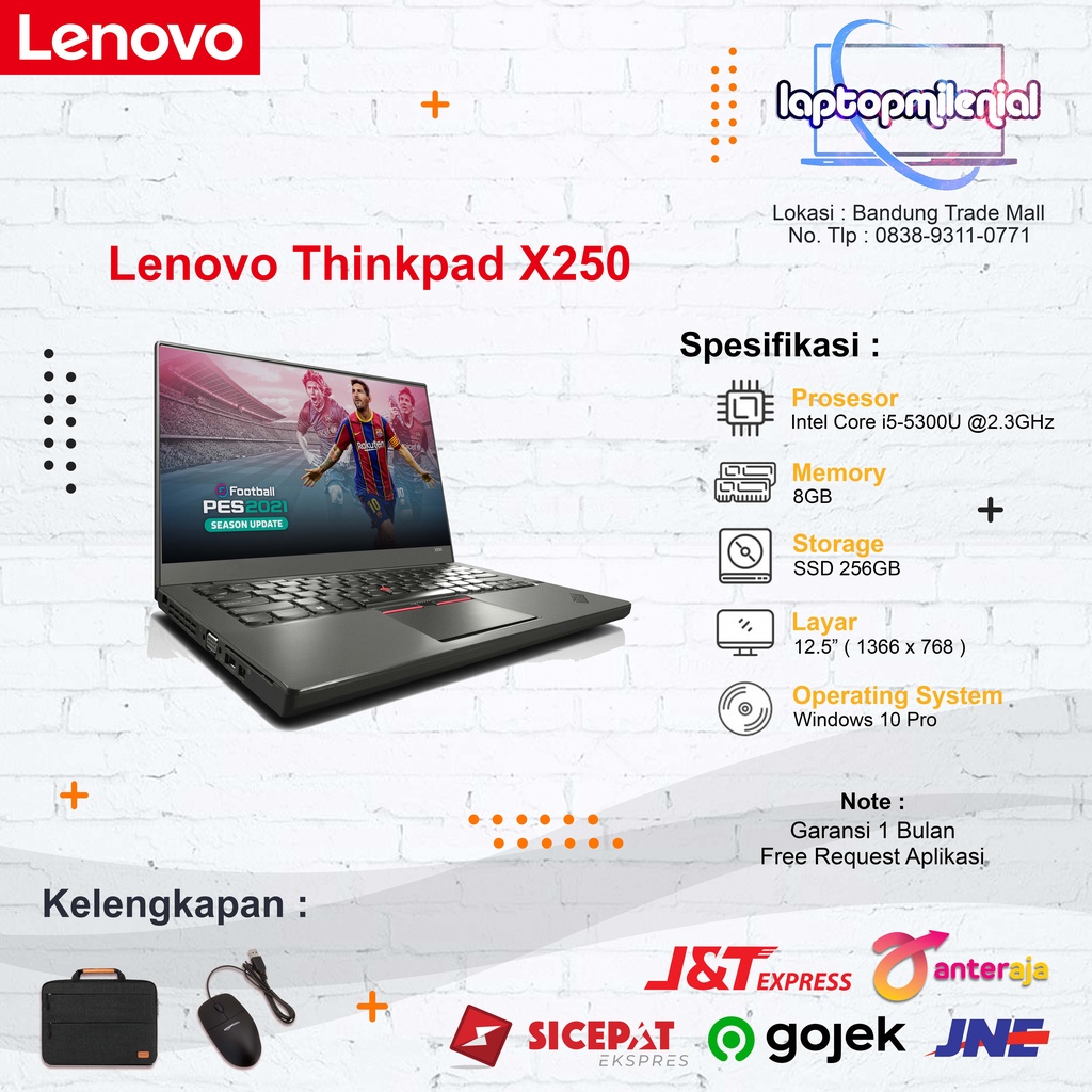 Lenovo Thinkpad x250 Intel Core i5-5300u Ram 8GB SSD 256GB Desain Slim Cocok Buat Perkantoran