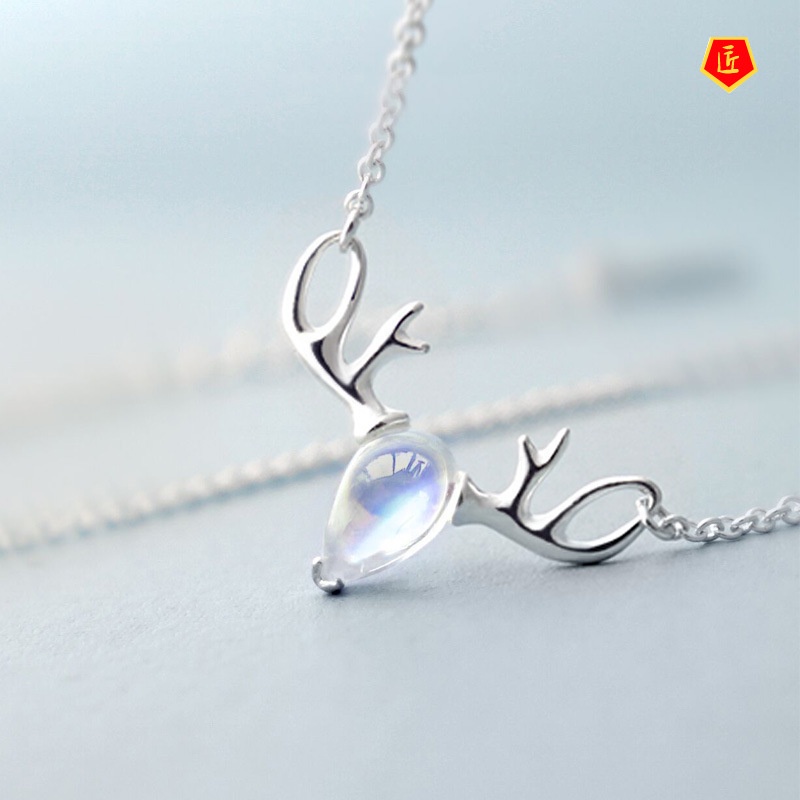 [Ready Stock]S925 Elk Necklace Women's Japanese and Korean Style Moonstone Pendant Simple Design