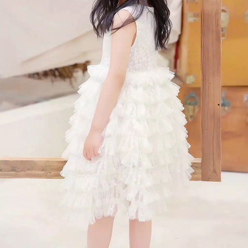 DRESS ANAK PUTIH IMPORT MURAH BROKAT TILE RUFFLE WHITE