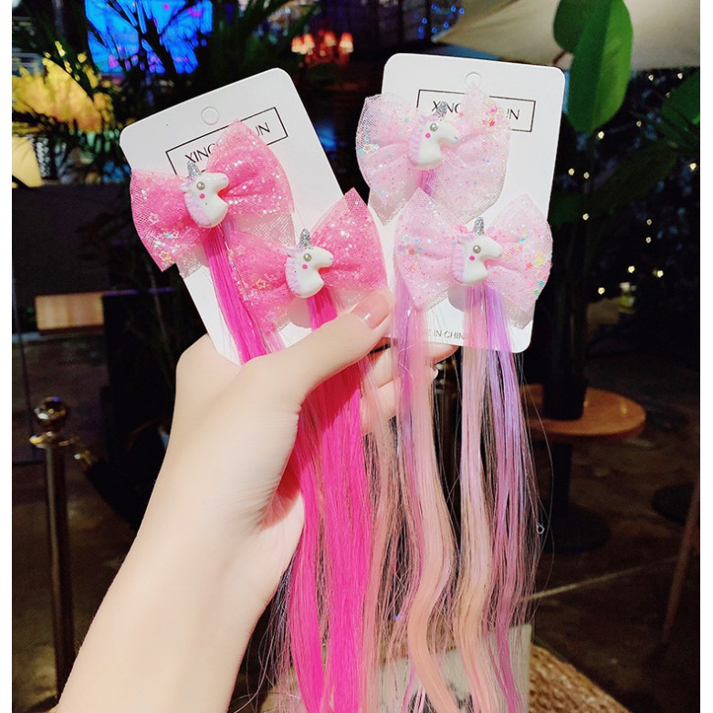 2pcs Jepit Wig Anak Perempuan Rambut Palsu Korea Impor Pita Unicorn Frozen Cantik Premium