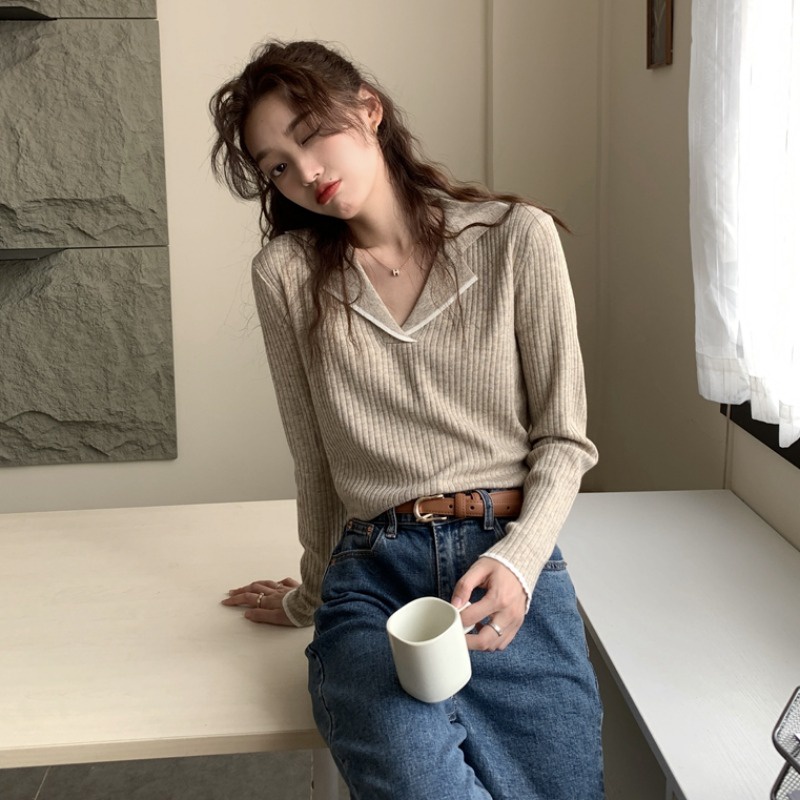 Korean Atasan Rajut Wanita Casual Style Polos Knit Top Lengan Panjang