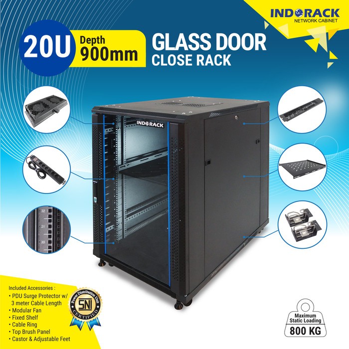 Indorack IR9020G Standing Close Rack 19&quot; 20U Glass Door Depth 900mm STANDING CLOSE RACK 20U GLASS