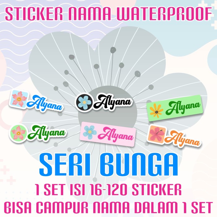 

[14-120 pcs] Sticker Nama Custom Gambar Bunga