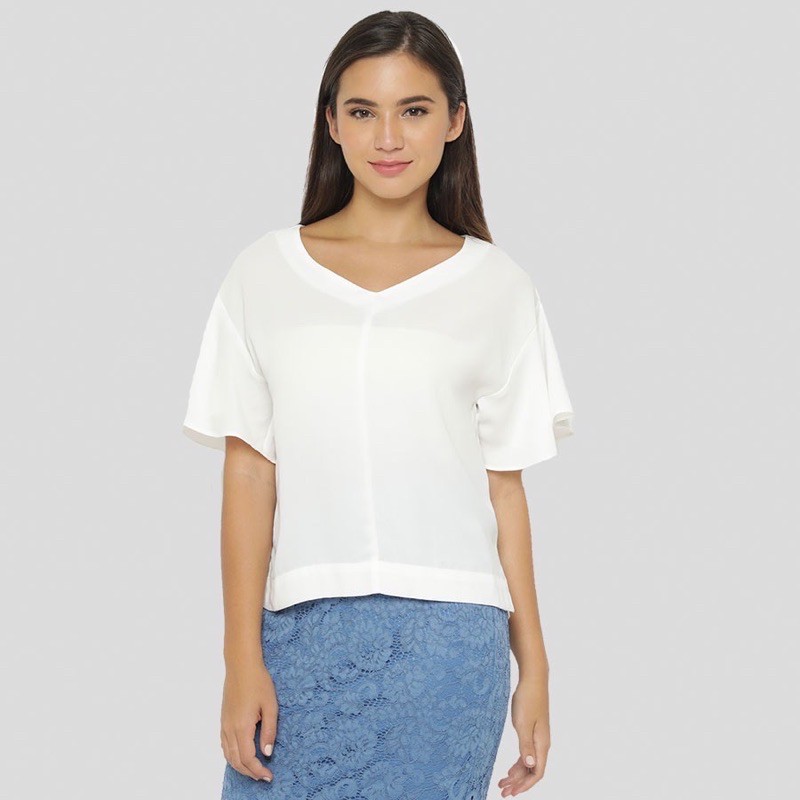 GU by UNQ Flare Sleeve V Blouse - White - Atasan Wanita Putih Polos Lengan Pendek Branded Original