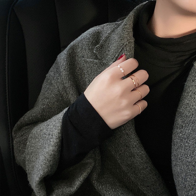 [F4] Cincin NADINE MUTIARA 5 Set Fashion (Set ring) Korean version of simple personality wild geometric pearl ring 5pcs / Set Cincin Gelang Mutiara Gaya Korea Minimalis Elegan