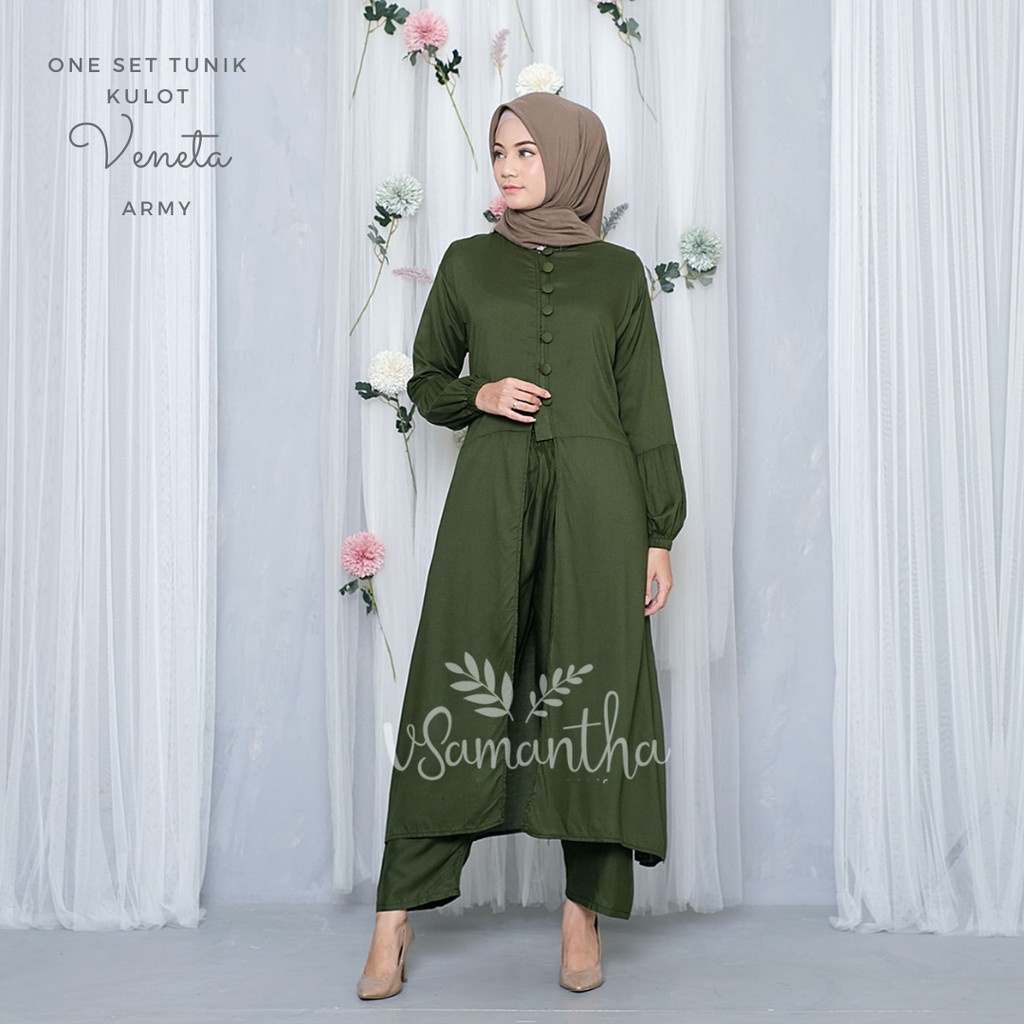 Raszi Official - Setelan Tunik Kulot Polos Veneta Terbaru Bahan Rayon Adem Warna Army
