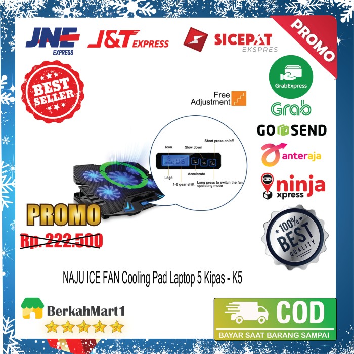 Kipas Pendingin Cooling Pad Laptop 5 Fan - K5 Cocok Untuk Gaming - Biru