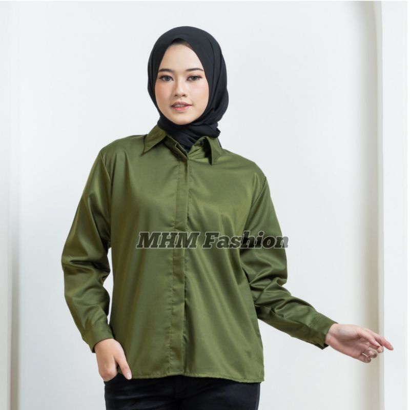Kemeja Wanita Putih Hitam Marun Navy Army Abu LD 96 LD 100 LD 106 Polos Basic Lengan Panjang Atasan Blouse Casual Kantor Formal shirt Korea Toyobo Murah Adem serap Keringat-Army
