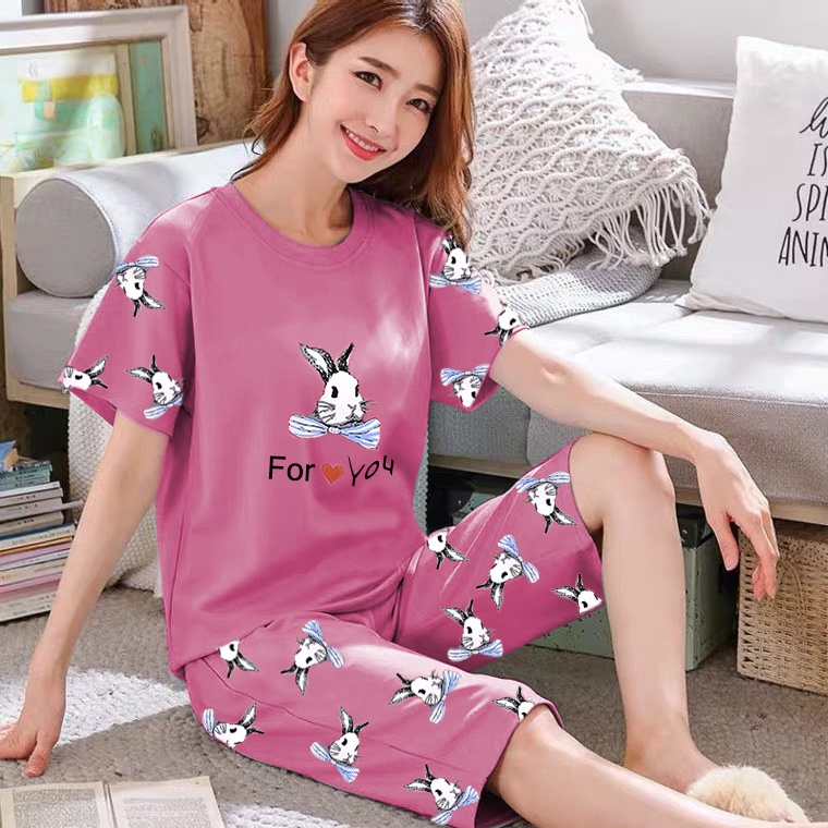 Lilipop.id  Baju Tidur Wanita 3/4 ALL SIZE STANDAR For You Setelan Piyama BabyDoll Kaos Celana Pendek