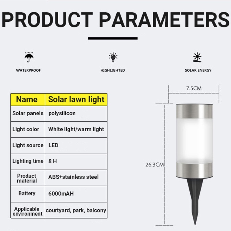 1pc Lampu Taman LED Tenaga Surya Bentuk Silinder Bahan Stainless Steel Anti Air Untuk Outdoor