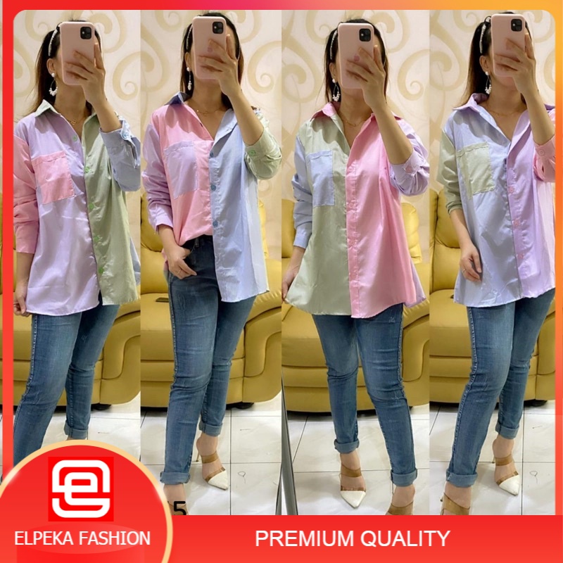 Kemeja Nagita Pelangi Big Size Salur Kemeja Kombinasi Kemeja Pelangi Warna Murah Elpeka Fashion
