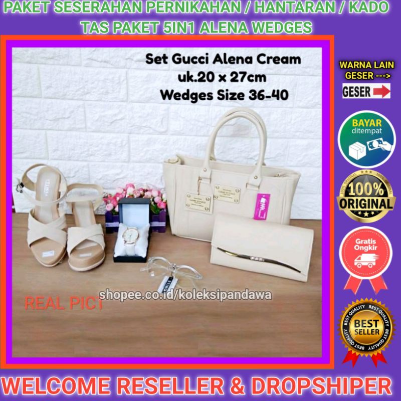 TAS SENDAL WEDGES PAKET SESERAHAN PERNIKAHAN JAM TANGAN DOMPET WANITA KACAMATA SANDAL WEDGES WANITA 