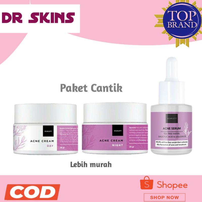 Paket Hemat 3 in 1 Scarlett Whitening Acne Series - Scarlett Acne Day & Night Cream and Acne Serum