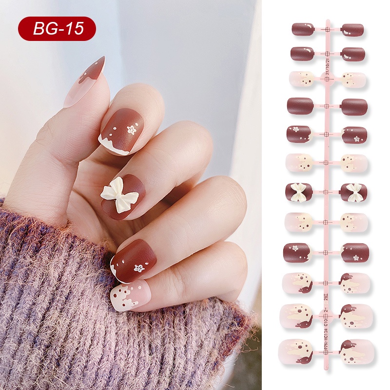 24pcs / Set Kuku Palsu Bahan Akrilik Motif Harimau / Mawar Putih / Pita Untuk Nail Art