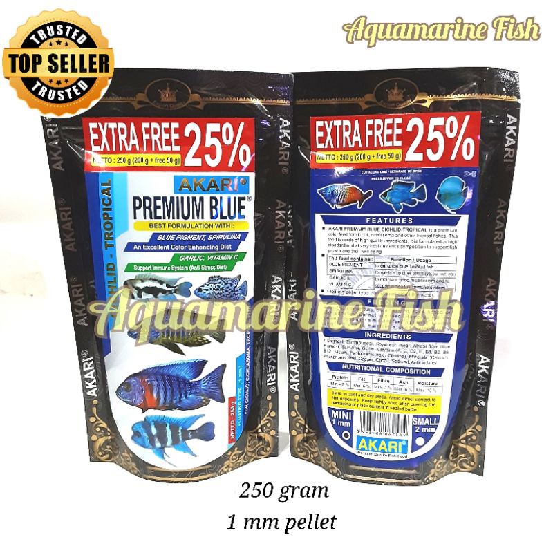 Akari Premium Blue Cichlid 250gr with Spirulina Blue Pigment Pelet Ikan Oscar Channa Discus 1mm Aqua
