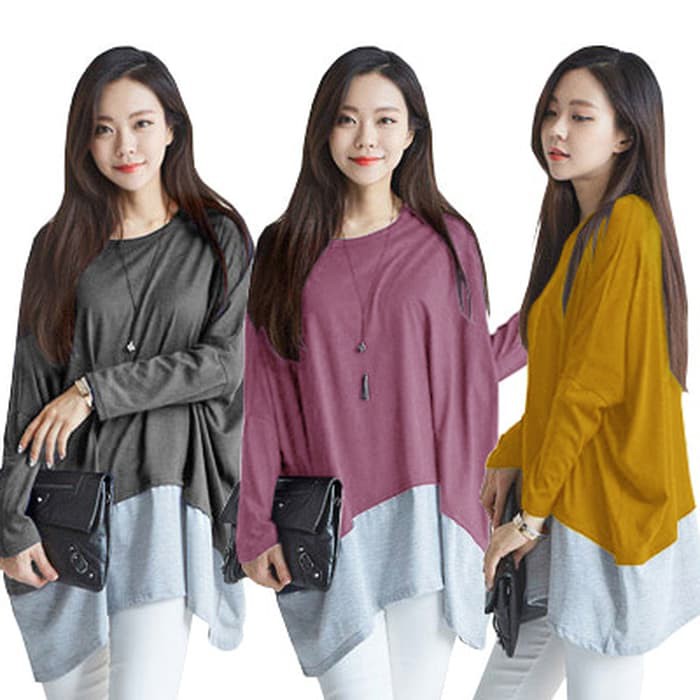 Atasan Wanita - Blus Sifon - Blouse Wanita Two Tone Mix Match Tee/Baju Atasan Wanita Jumbo - Hitam