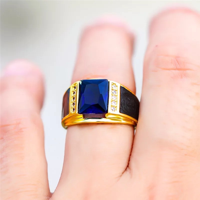 Cincin Pria Biru Safir Blue Saphire Cubic Zirconia Berbahan Ring Gold Filled (Terpadu) High Quality