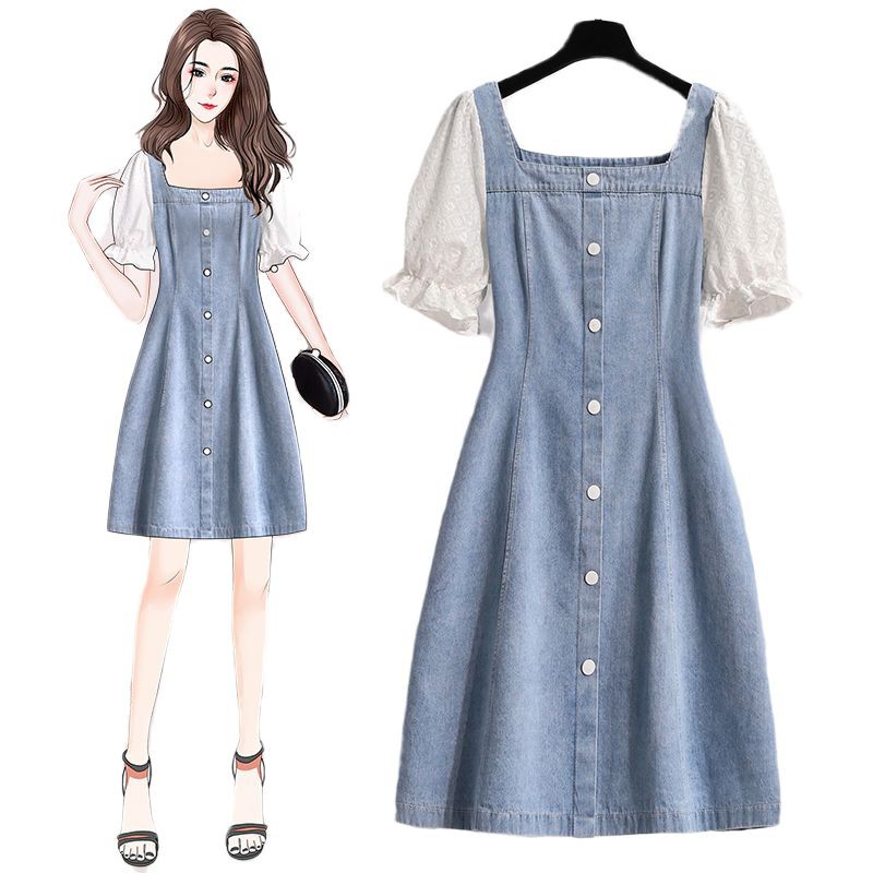 Gaun Jeans Wanita Musim Panas Lengan Pendek Gaun Denim Korea