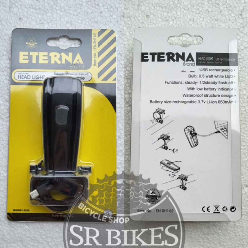 Lampu LED Depan Sepeda. RECHARGEABLE WATERPROOF. ETERNA
