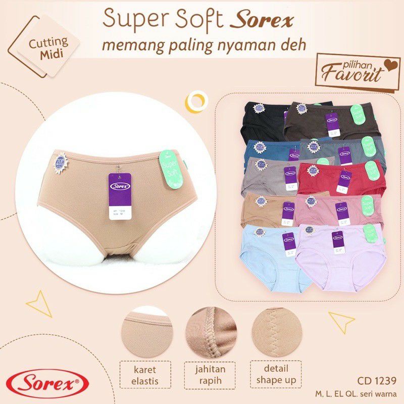 CELANA DALAM WANITA SOREX (ORIGINAL) ART 1239.MODEL MIDI PANTY SIZE : M - QL HARGA 1PCS